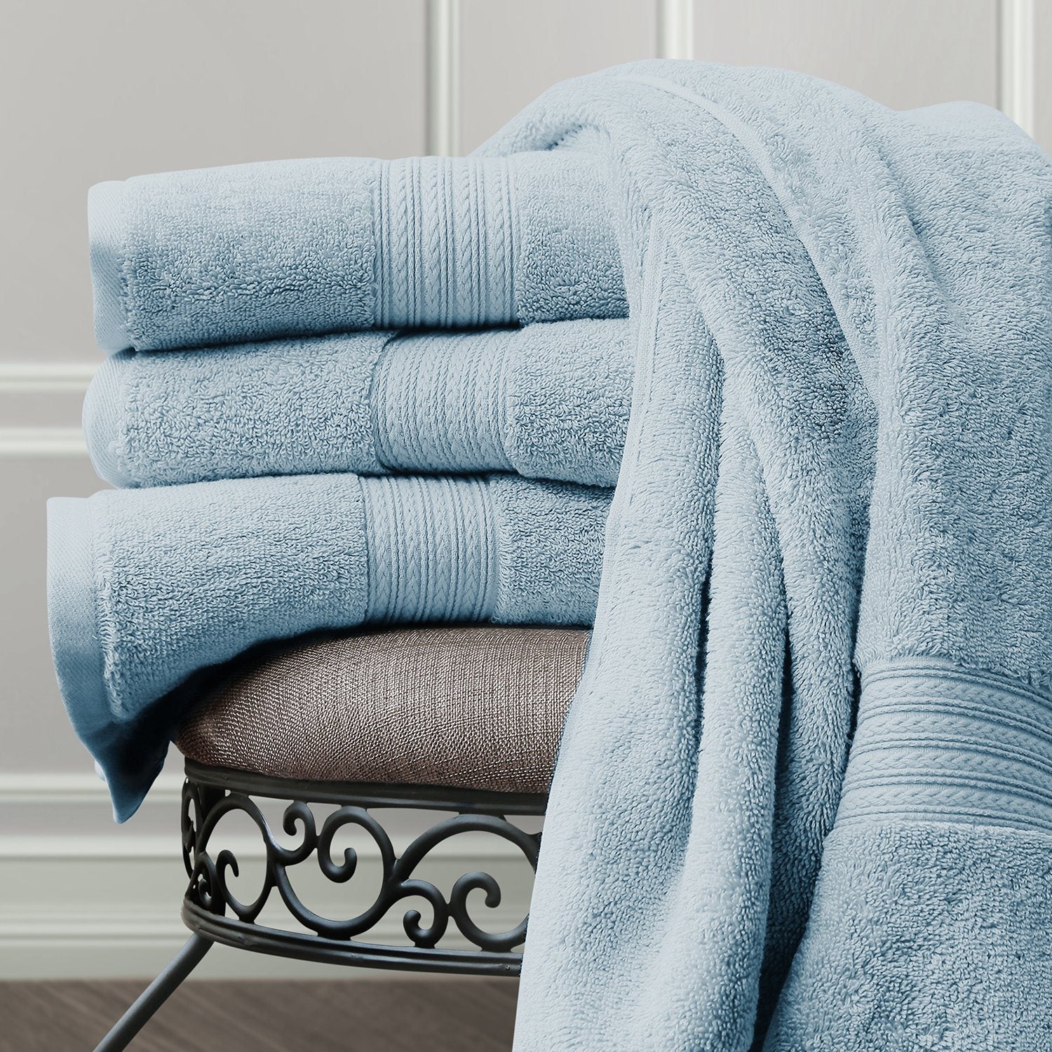 6-Piece Light Blue 100% Cotton Bath Towel Set, Silver